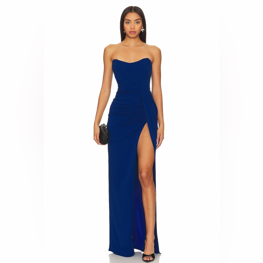Katie May Revolve Ocean Blue Pamela Strapless Sweetheart Slit Cocktail Gown NWT